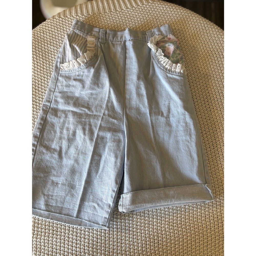 Vintage 90s Retro Digits Girl Light Blue Eyelet Lace Floral Stripe Short Size 10